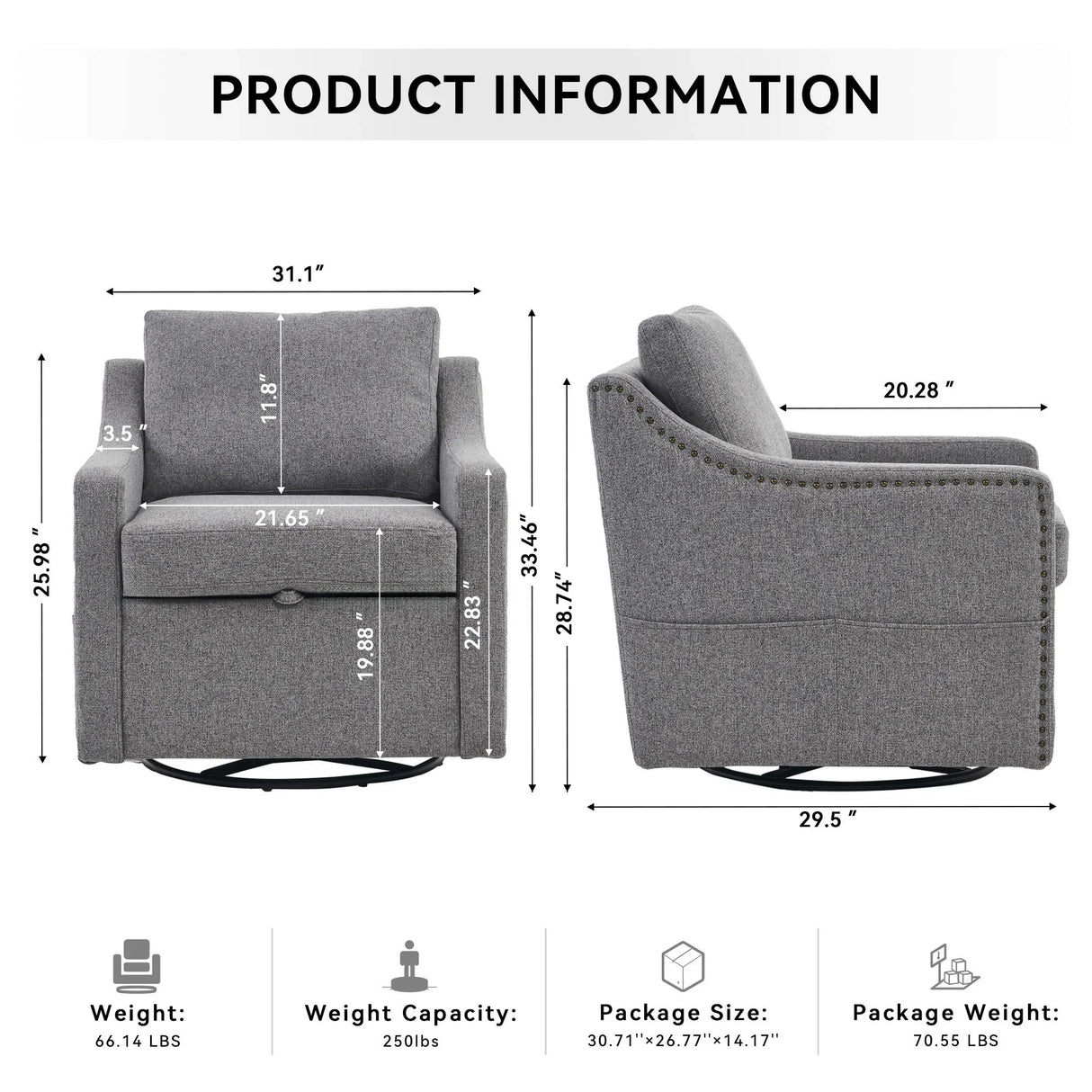 Linen Fabric 360° Swivel Accent Chair With Upholstered Back Pillow And Rivet Armrest - Furniture Home Direct