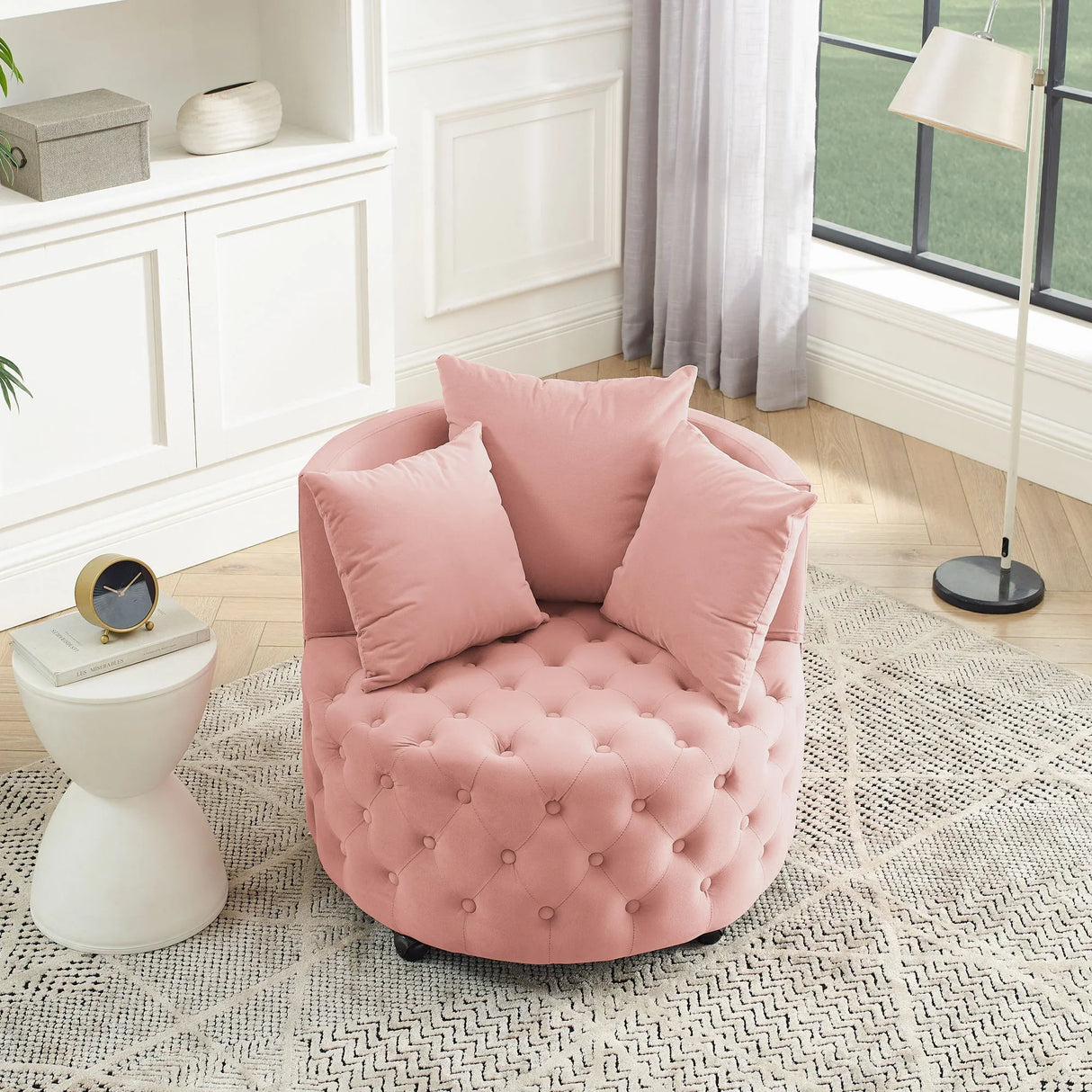 Modern Upholstered Swivel Chair With Button Tufted Design And Movable Wheels - Furniture Home Direct