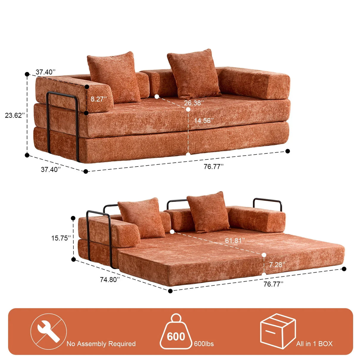 Convertible Floor Sofa Bed With Pillow Back Support Armrest - Furniture Home Direct