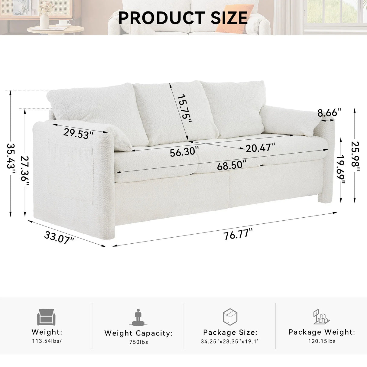 Modern 3 Seater Sofa Chenille Couch Plush Triple Seater Sofa With High Density Foam Cushions, Deep Seat Living Room Couch For Family Room, Apartment & Home Theater - Ivory White - Furniture Home Direct
