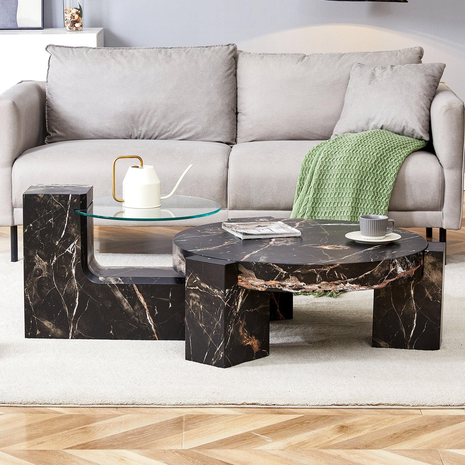 Detachable Double-Decker Black Patterned Coffee Table - Furniture Home Direct