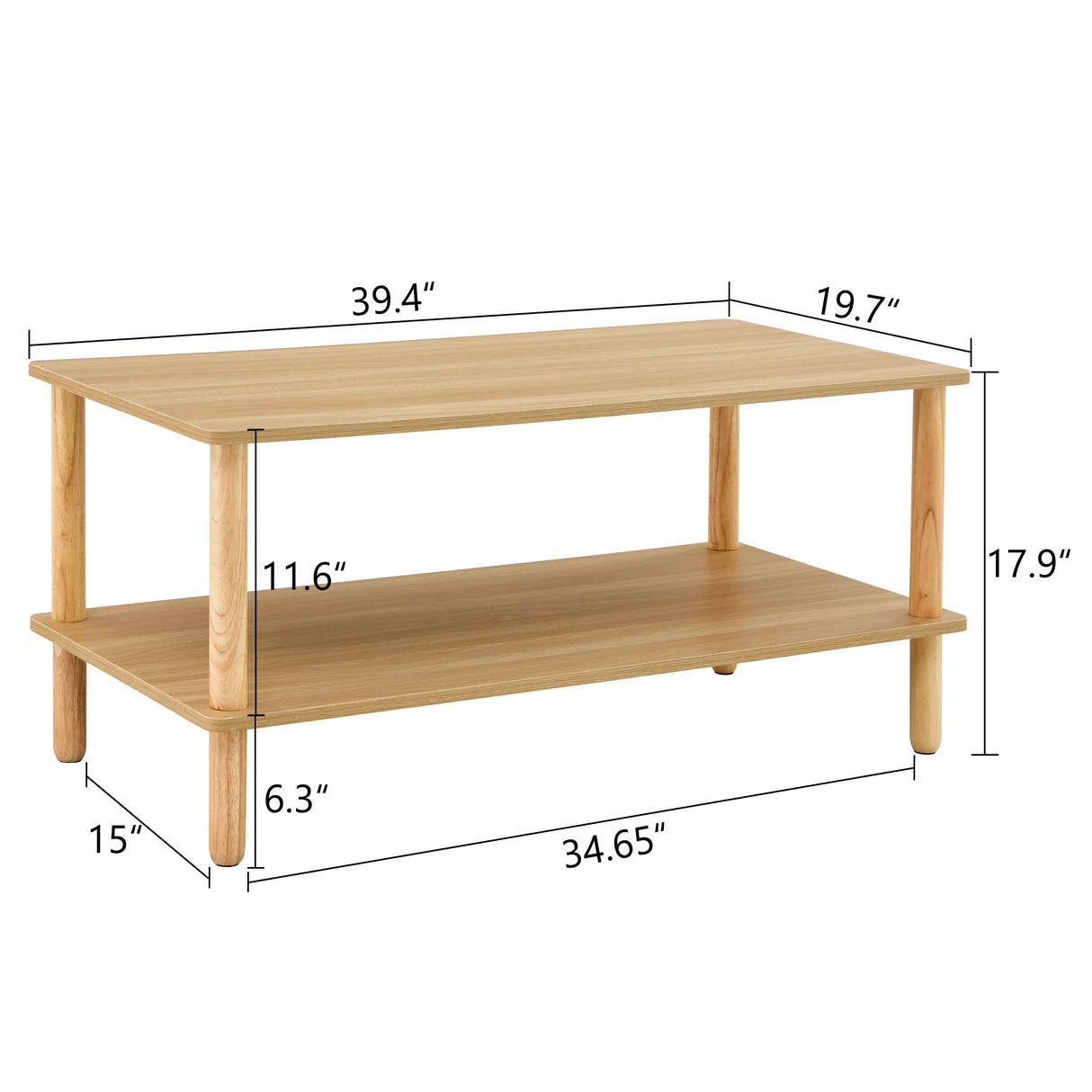 Modern 2 Tier, Rectangular Center Coffee Table With Open Storage Shelf, Rounded Legs - Furniture Home Direct