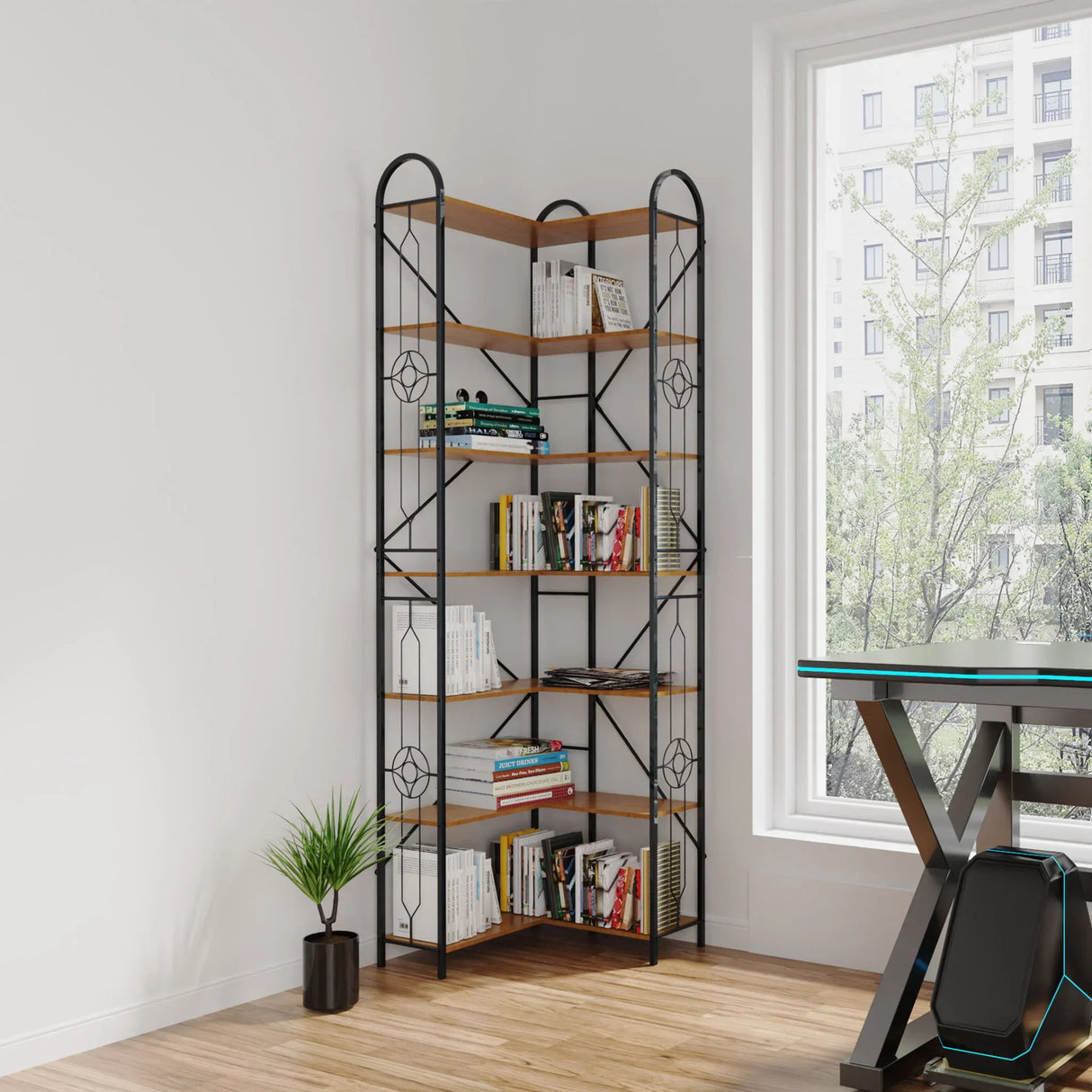 Industrial Style Corner Bookshelf With Thickened Iron Frame - Furniture Home Direct