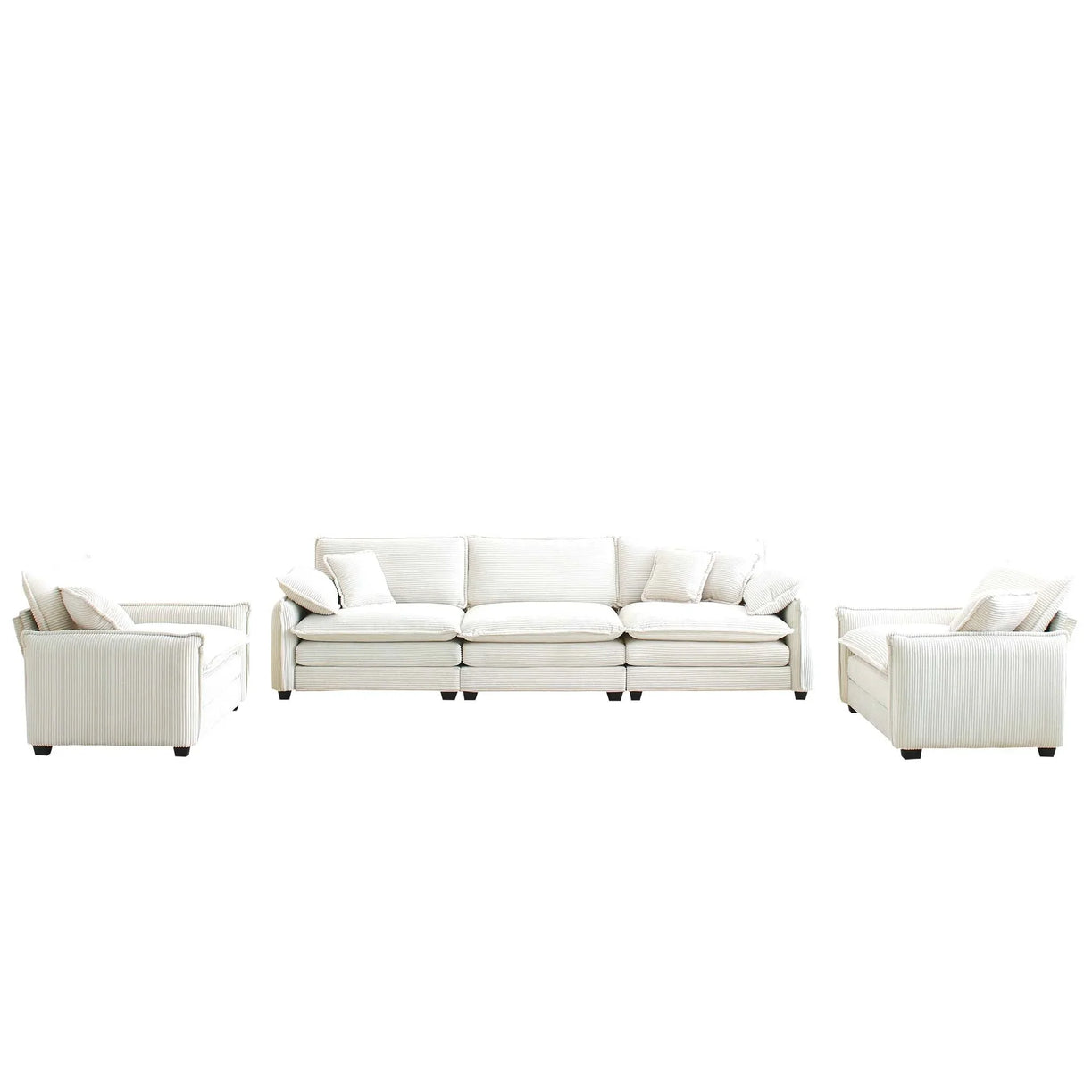 3 Piece Living Room Set with Soft Cushions and Pillows in Corduroy Fabric - Off White - Furniture Home Direct