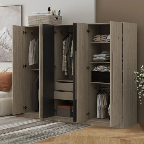 6 Doors Wardrobe Storage For Bedroom, With 2 Drawers Inside - Black / Nature - Furniture Home Direct