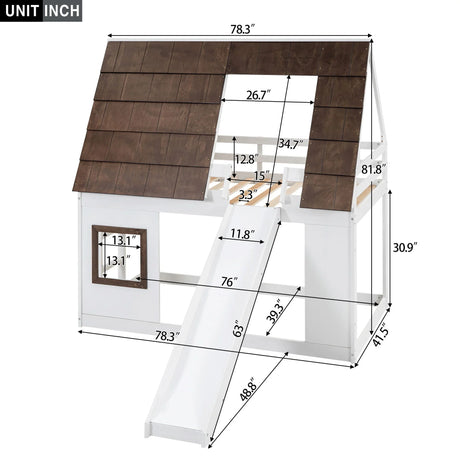 Wood Twin Size House Bunk Bed With Roof, Ladder And Slide - White / Brown - Furniture Home Direct