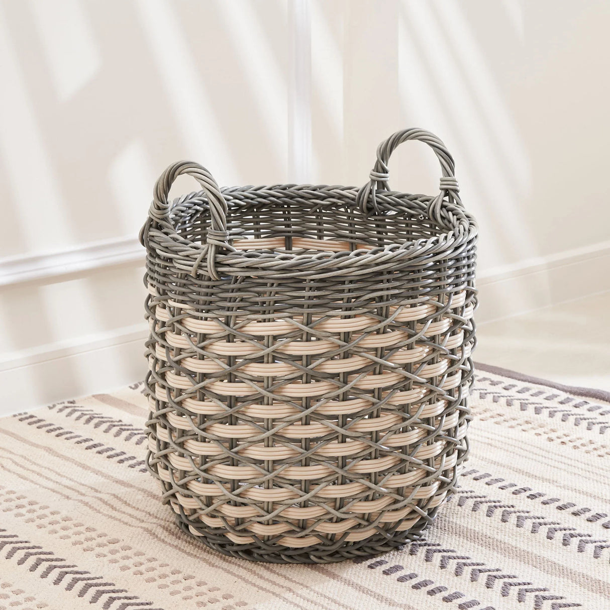 Round Resin Woven Wicker Multi Use Storage Basket With Handles - Cream / Gray - Furniture Home Direct