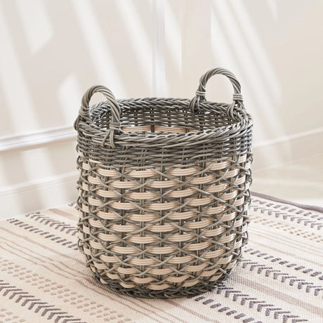 Round Resin Woven Wicker Multi Use Storage Basket With Handles - Cream / Gray - Furniture Home Direct