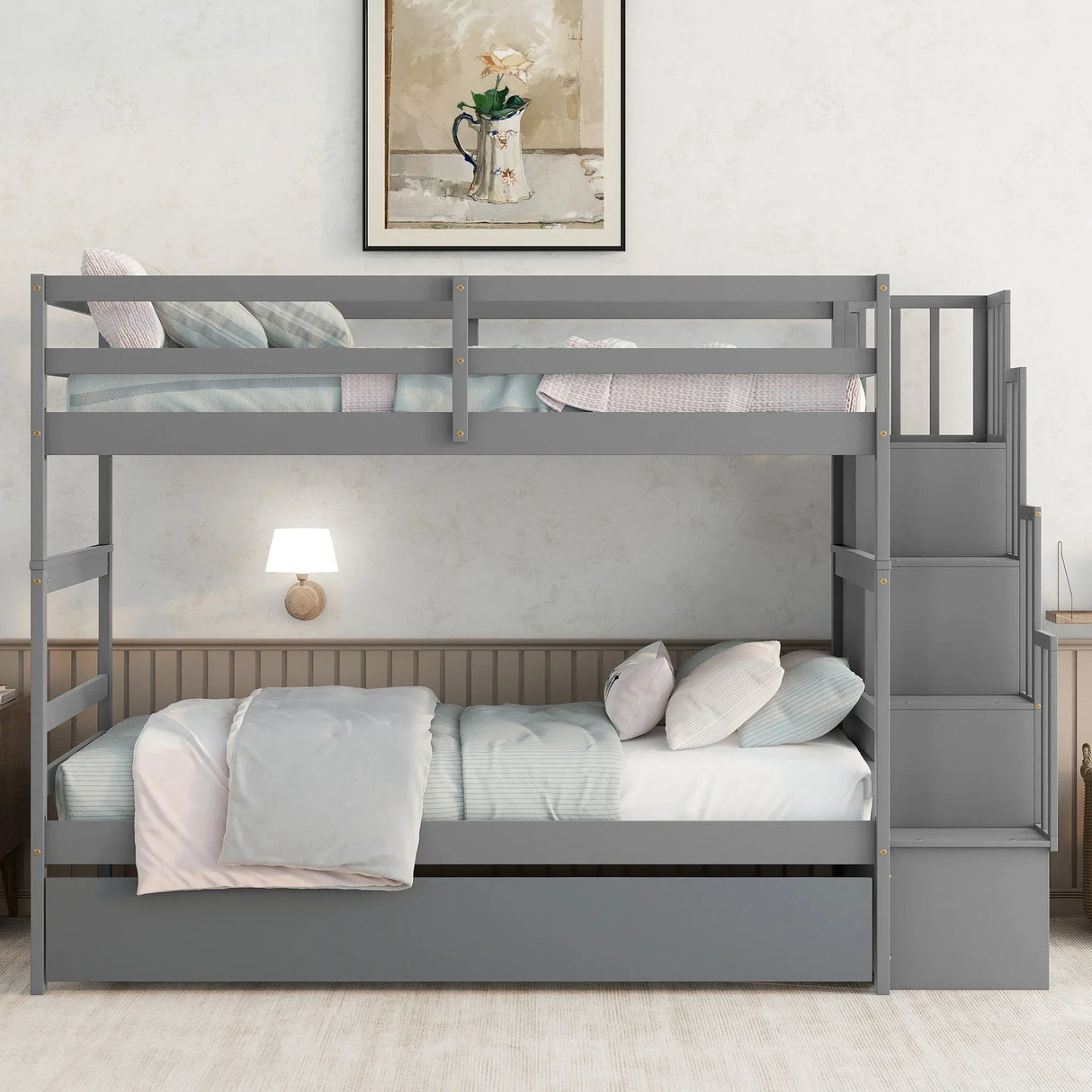 Twin Over Twin Bunk Beds With Twin Trundle And Stairway Storage Function - Furniture Home Direct