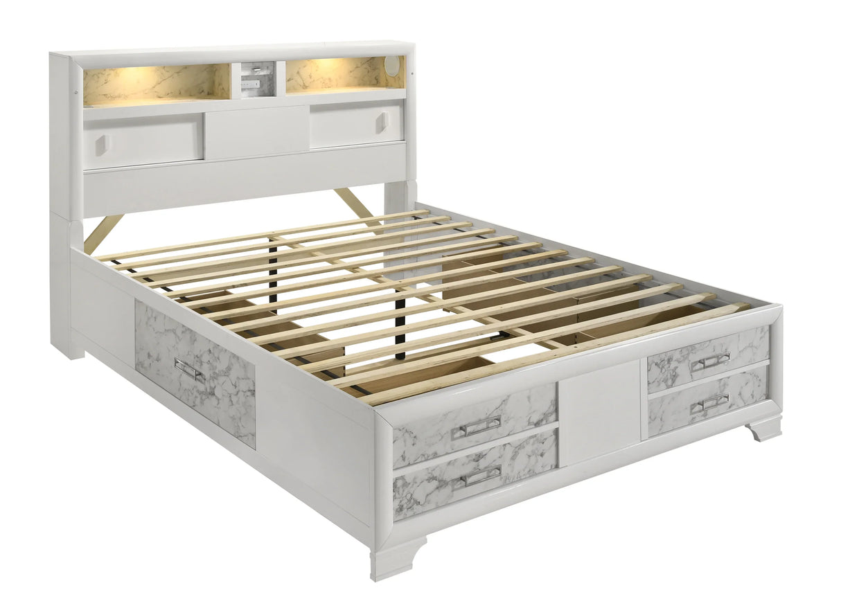 Queen Bed With Storage Drawers Modern Marble Finish White - Furniture Home Direct