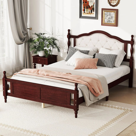 Pine Wooden Bed With Upholstered Headboard And Panel Footboard, With Two Bed Rail Support Feet And Central Platform Support Feet - Furniture Home Direct