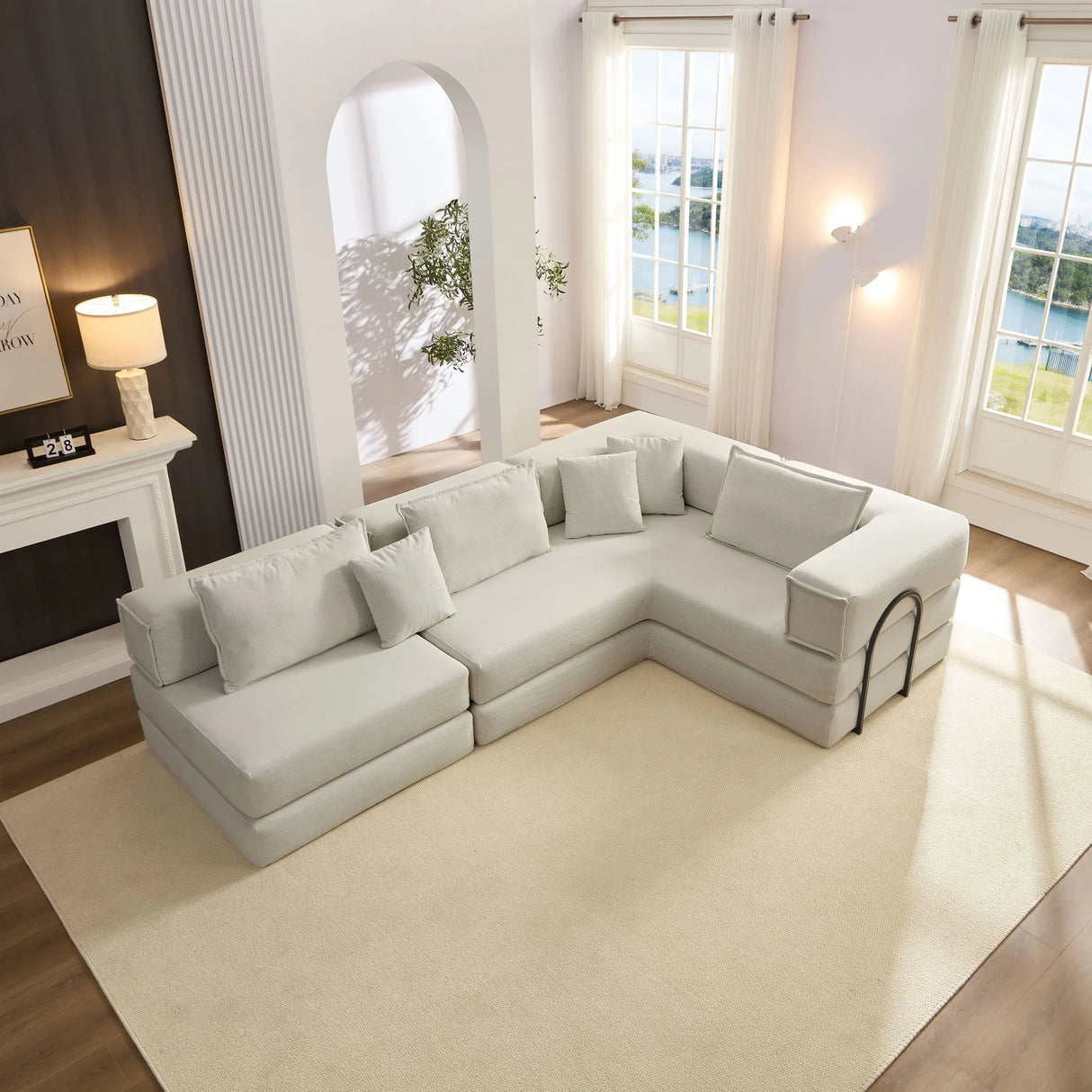 Modular L Shaped Floor Living Room Sofa Set With 6 Pillows - Furniture Home Direct