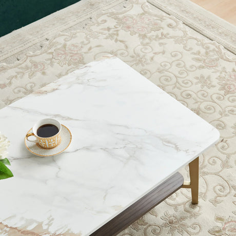 Coffee Table Rectangular Center Table For Living Room Open Space Side Table With Metal Frame - Golden / White - Furniture Home Direct