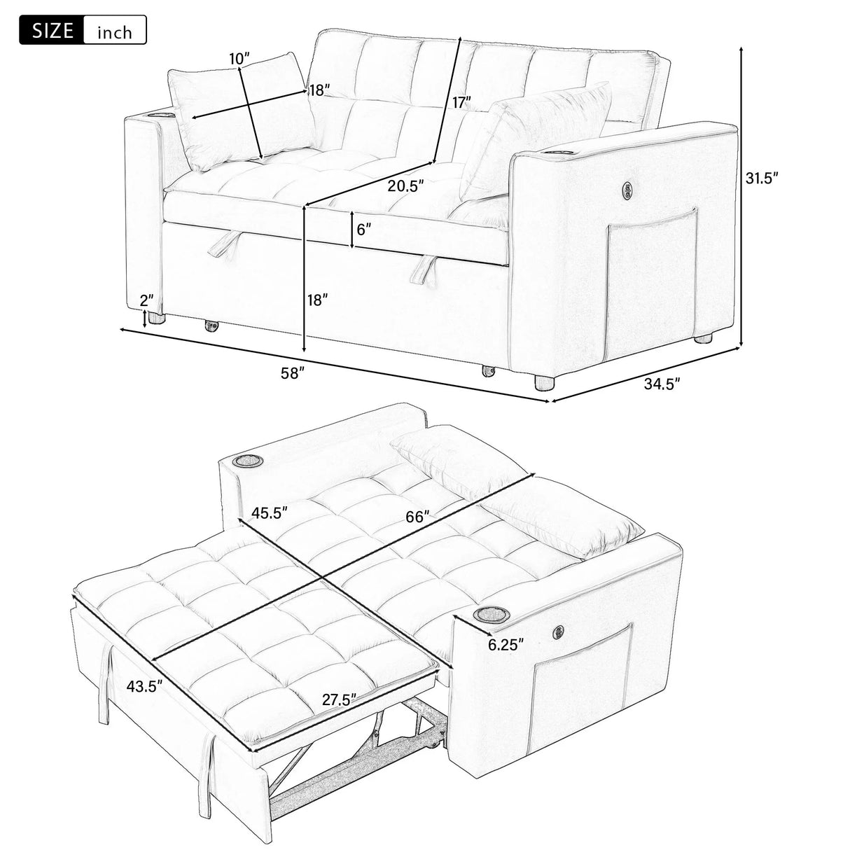 Multi Functional Sofa Bed With Cup Holder And USB Port For Living Room Or Apartments - Furniture Home Direct