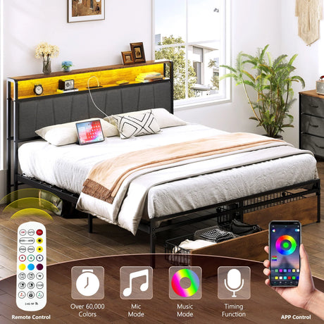 Upholstered Platform Bed Frame With Storage Drawers, USB Ports, LED Lights - Furniture Home Direct