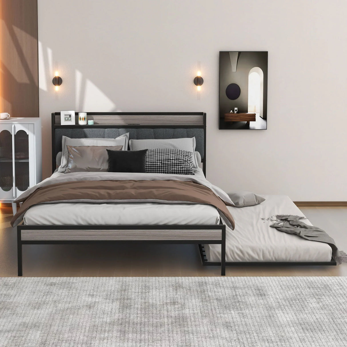 Platform Bed Frame With Trundle, USB Ports And Slat Support, No Box Spring Needed - Furniture Home Direct