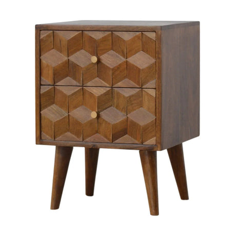 Cube Carved Bedside Table Nightstand - Chestnut - Furniture Home Direct