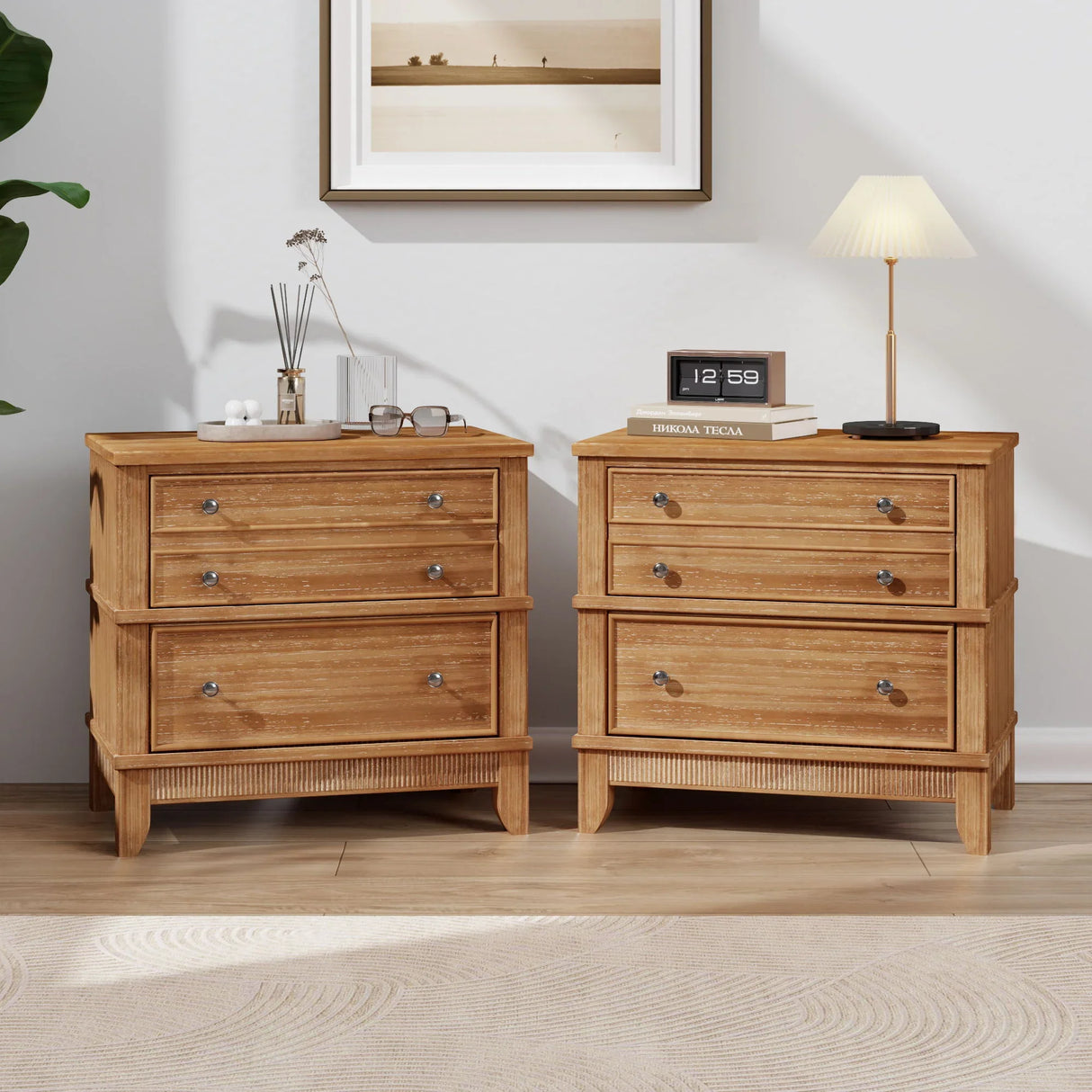 Hazel - 3 Drawer Side Table For Living Room, Hallway, Entryway (Set of 2) - Natural - Furniture Home Direct