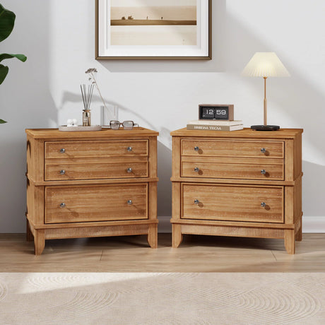 Hazel - 3 Drawer Side Table For Living Room, Hallway, Entryway (Set of 2) - Natural - Furniture Home Direct