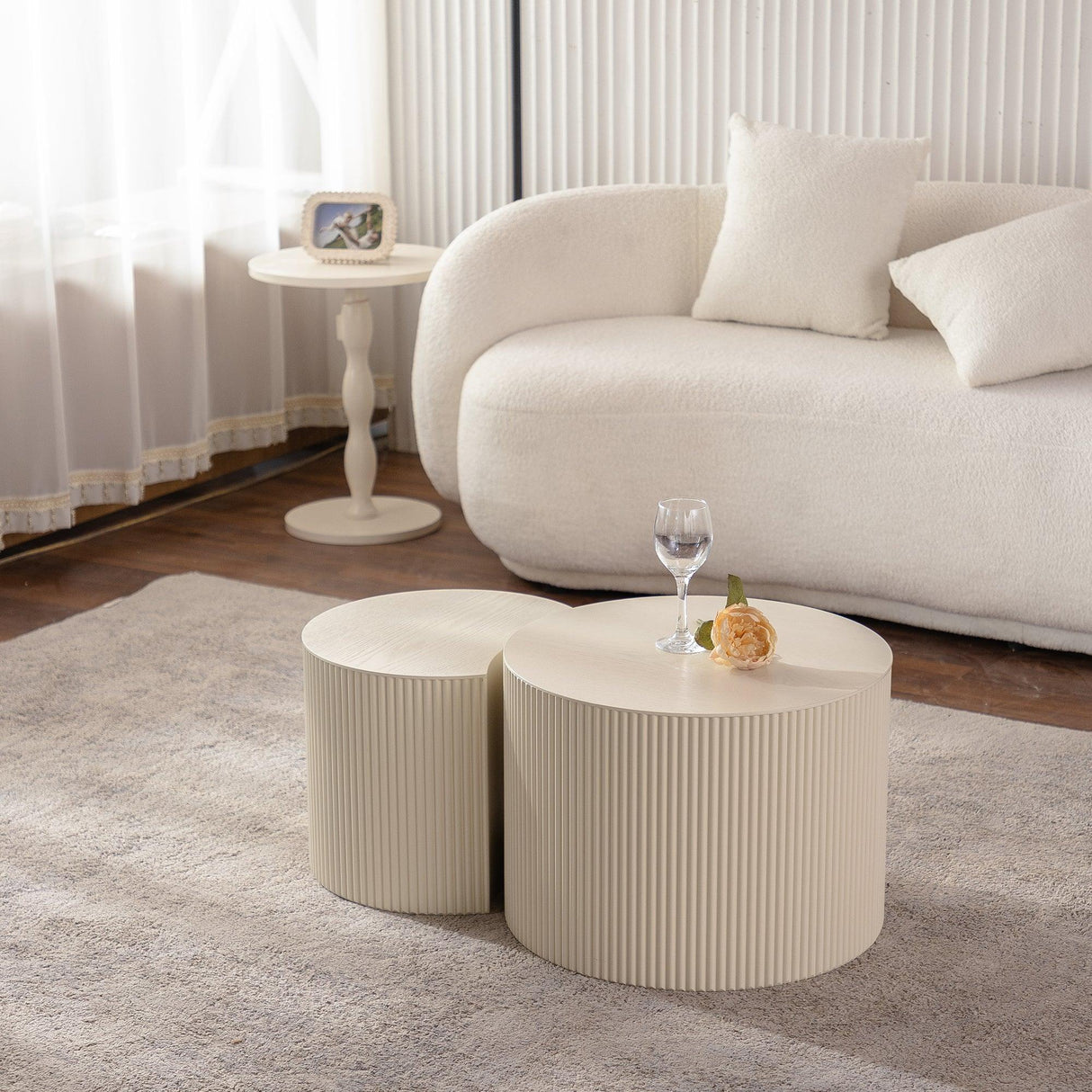 Round Accent Tables Set Modern Ribbed Pair Beige Cream - Furniture Home Direct