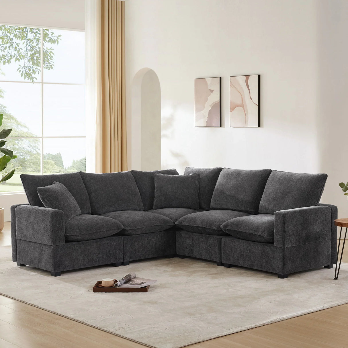Modern L Shape Modular Sofa, 5 Seat Chenille Sectional Couch Set With 2 Pillows Included, Freely Combinable Indoor Funiture For Living Room, Apartment, Office - Furniture Home Direct