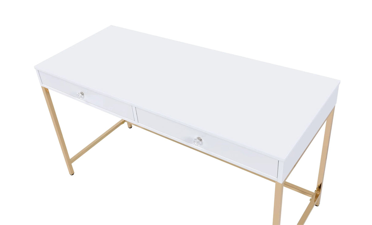 Vanity Desk Gloss Finish With Gold Metal Legs White - Furniture Home Direct