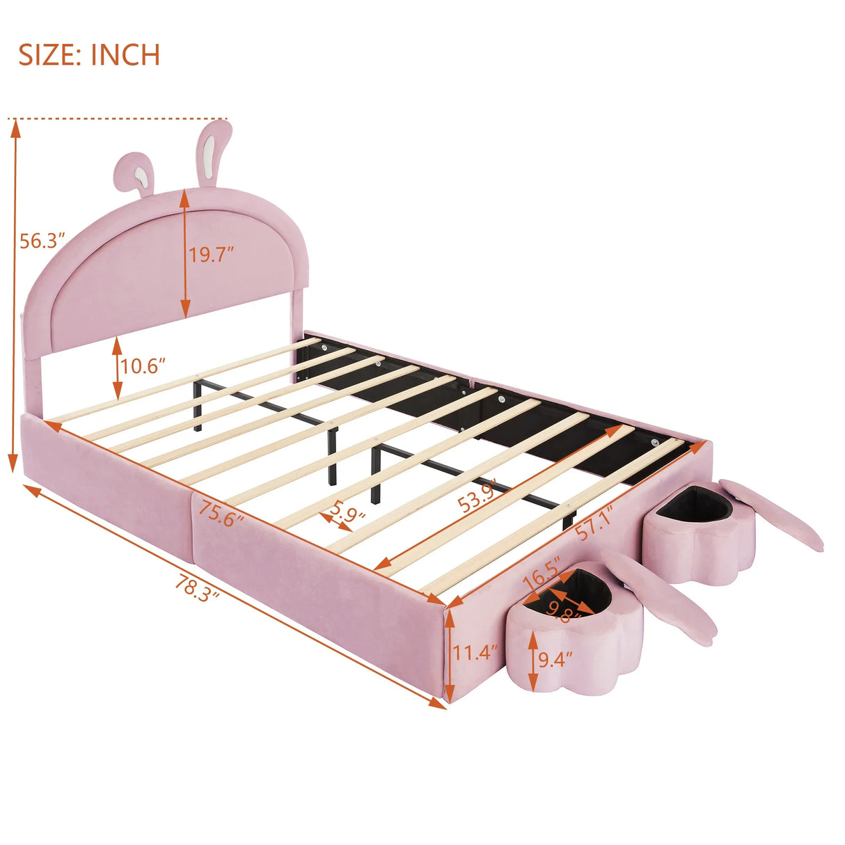 Rabbit Shaped Bed With Storage Stools Upholstered Pink - Furniture Home Direct