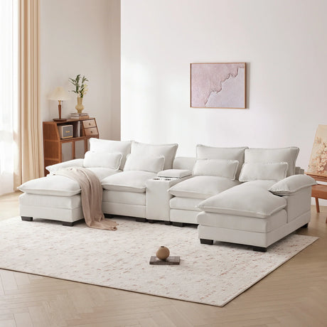 U Shaped Sectional Sofa With Console And Cupholders White - Furniture Home Direct