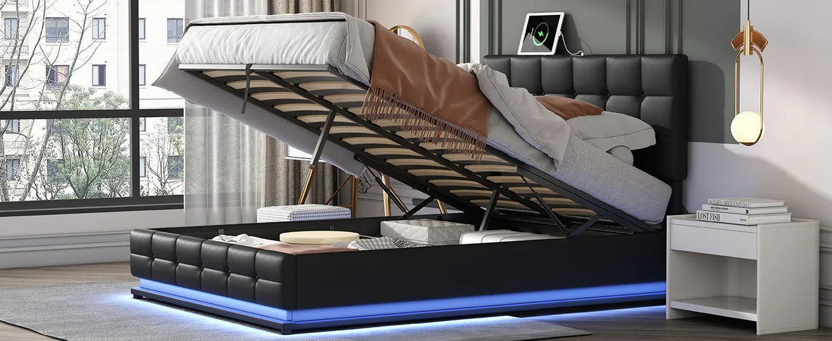 Queen Platform Bed Tufted Upholstered Storage Led Black - Furniture Home Direct