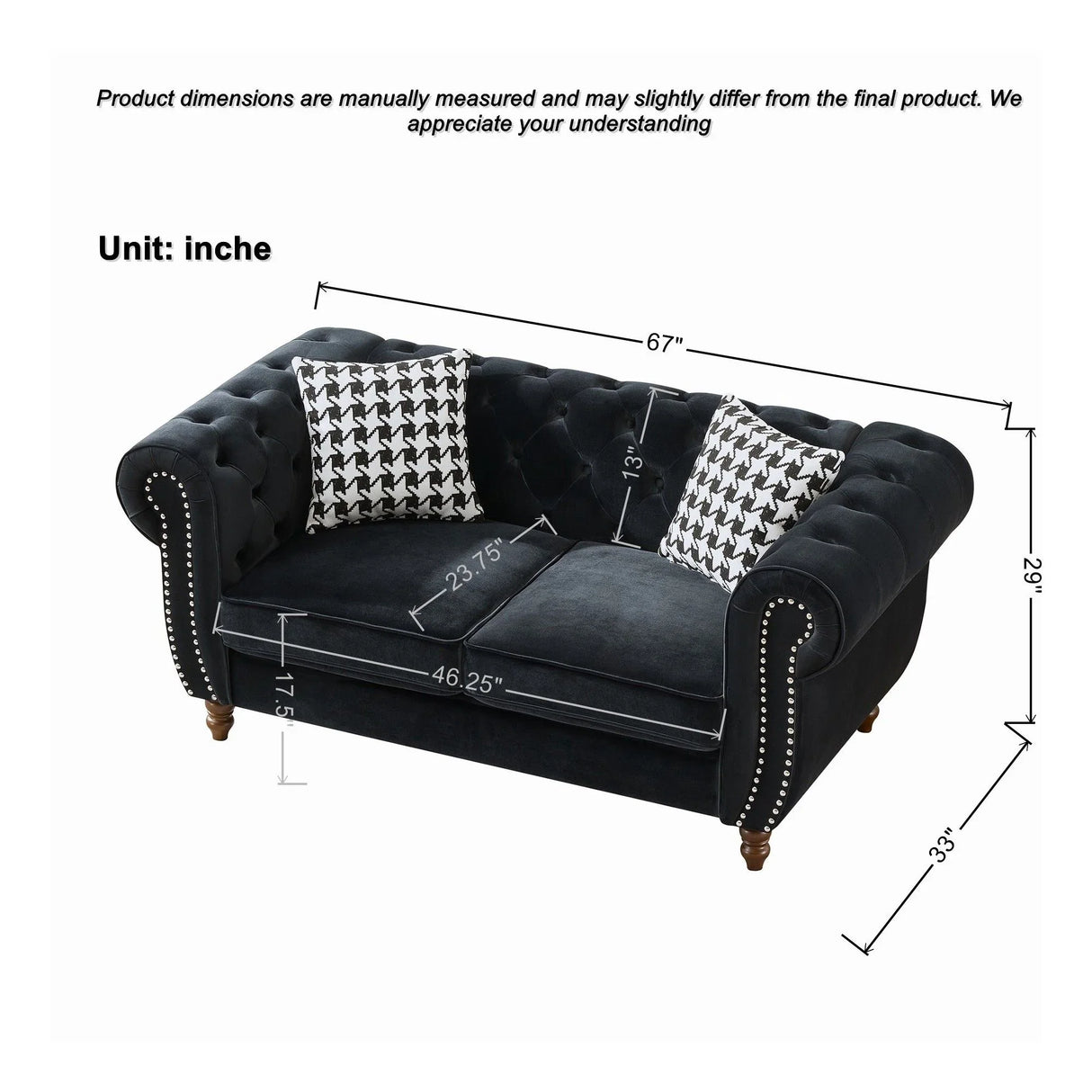Chesterfield 3 And 2 Seater Velvet Upholstery Sofa With Roll Armrest & Nailhead Fabric Couch - Furniture Home Direct