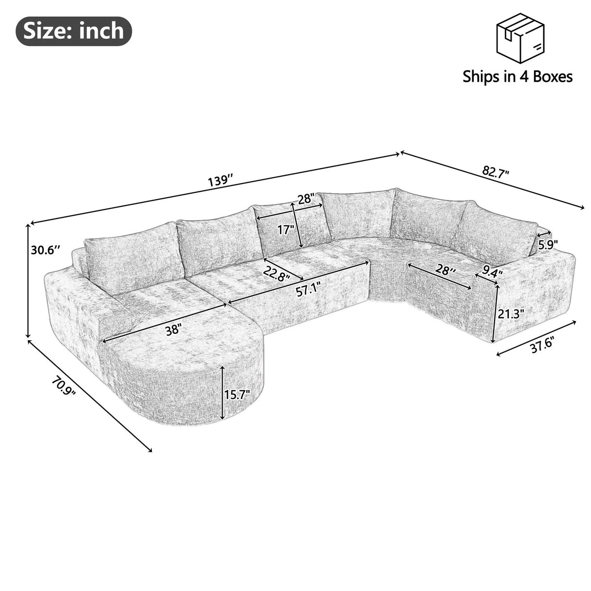 U-Shaped Oversized Modular Cloud Sectional Sofa With Deep Seat For Living Room - Furniture Home Direct