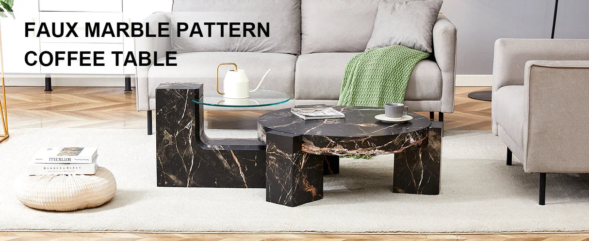 Detachable Double-Decker Black Patterned Coffee Table - Furniture Home Direct