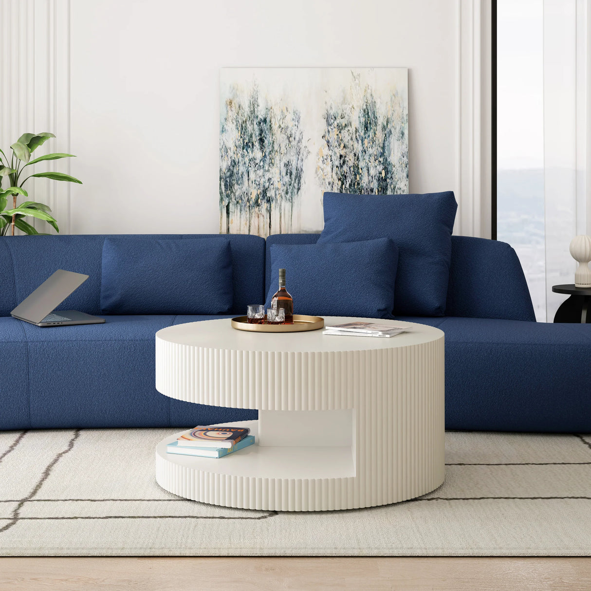 Coffee Table Round Modern Fluted Storage Shelf White - Furniture Home Direct