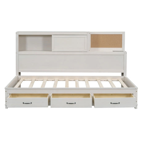 Twin Size Daybed With 3 Storage Drawers, Upper Soft Board, Shelf, And A Set Of Sockets And USB Ports - White - Furniture Home Direct