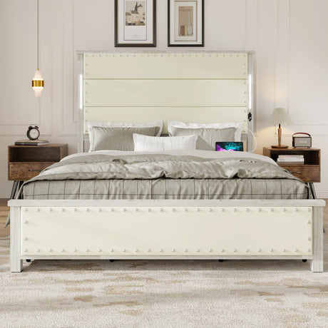 Queen Bed With Upholstered Headboard And Wood Frame Beige - Furniture Home Direct