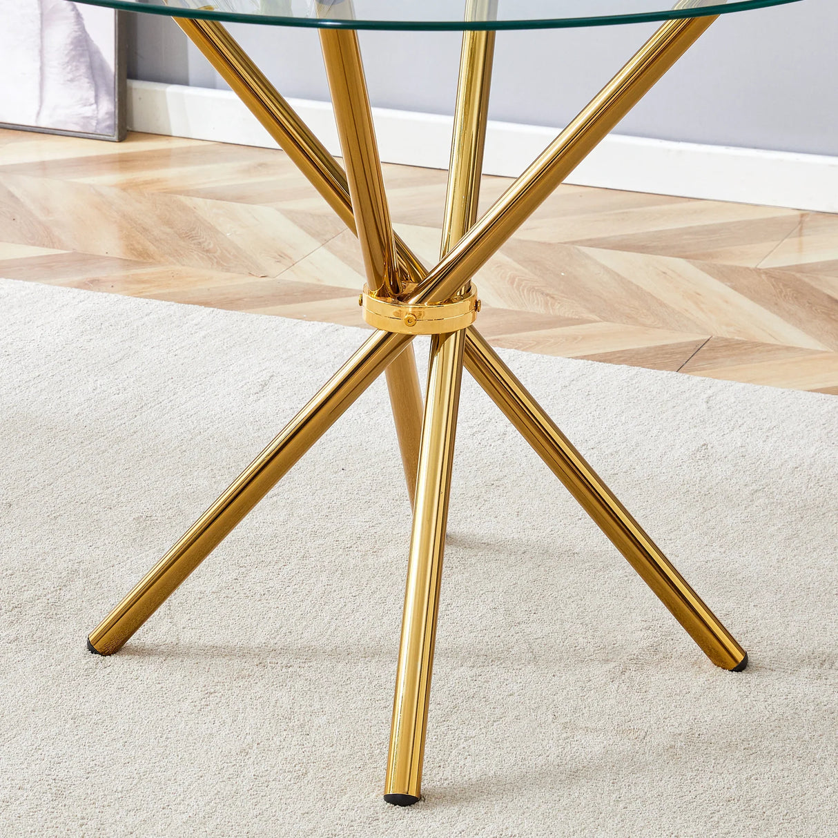 Dining Table Round Glass Top With Gleaming Golden Base Gold - Furniture Home Direct