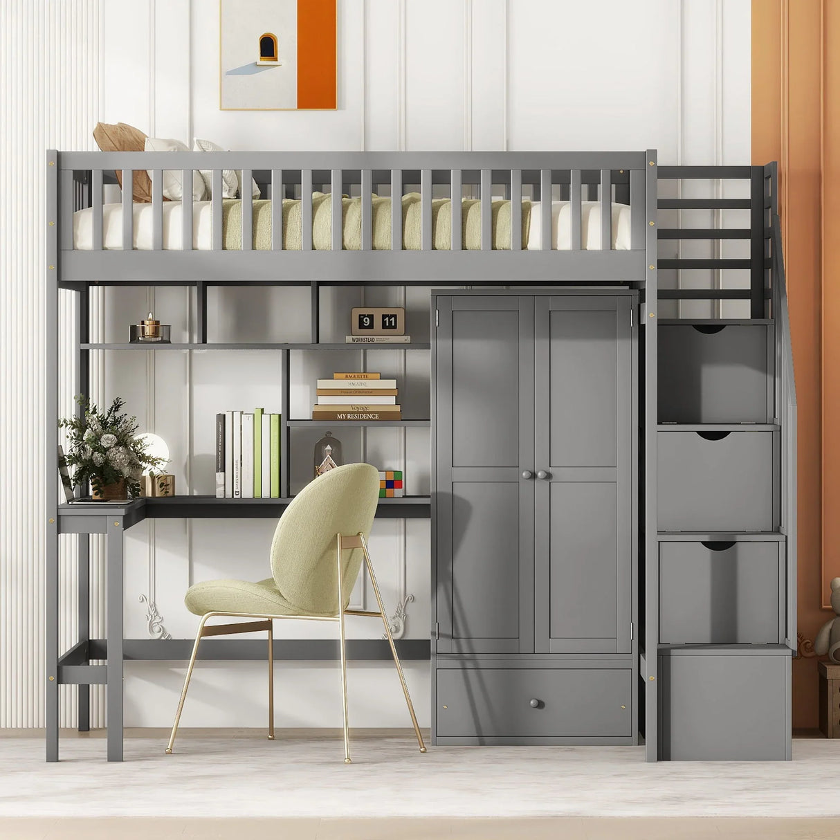 Loft Bed With Bookshelf, Drawers, Desk, And Wardrobe - Furniture Home Direct