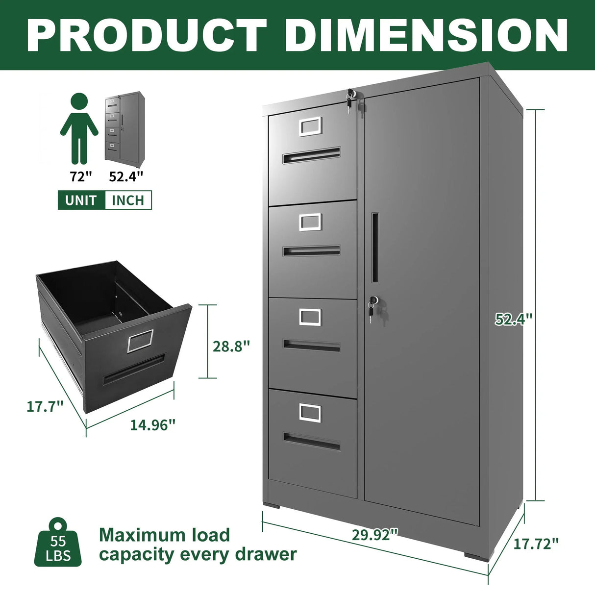 Metal Storage Vertical Filing Cabinet With Lock, 4 Drawers, 1 Door, Steel Construction, School / Office Use - Furniture Home Direct