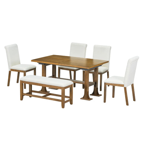 Topmax - 6 Piece Farmhouse Extendable Dining Table Set Trestle Kitchen Table Set With Removable Leaf And Upholstered Dining Chair And Bench For Dining Room - Furniture Home Direct