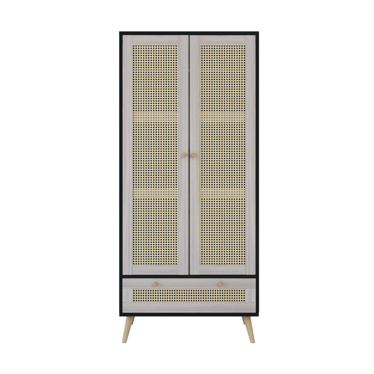 Wardrobe With 2 Rattan Doors And Drawer Natural Black - Furniture Home Direct