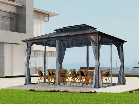 10' x 13' Hardtop Wood Gazebo For Patios, Outdoor Framed Gazebo With Polycarbonate Double Roof Canopy, Solid Wooden Framed Gazebo With Privacy Curtains And Mosquito Nettings For Garden, Backyard - Black - Furniture Home Direct