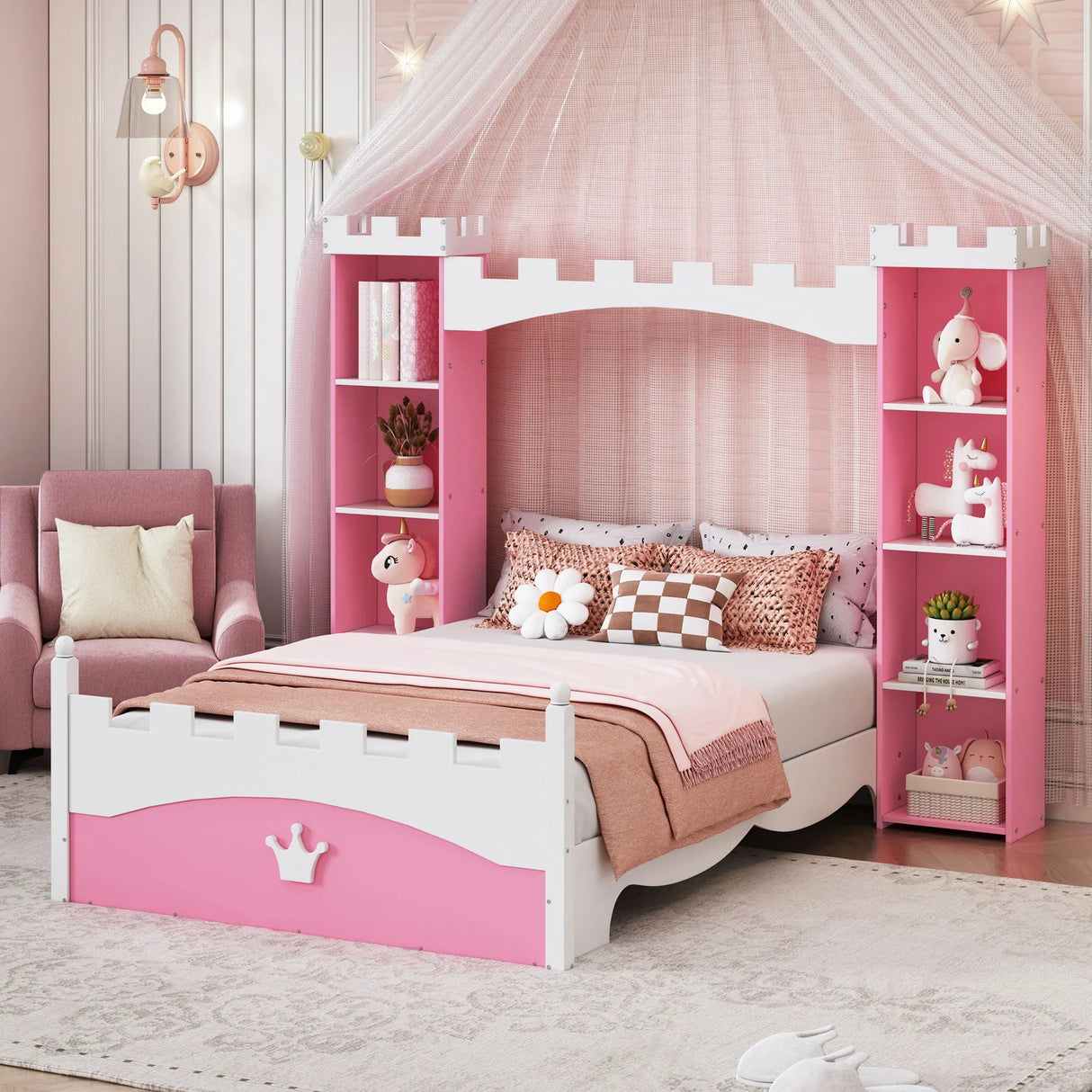 Castle Shaped Bed With Storage Shelf, Dreamy Platform Bed For Kids Bedroom - Furniture Home Direct