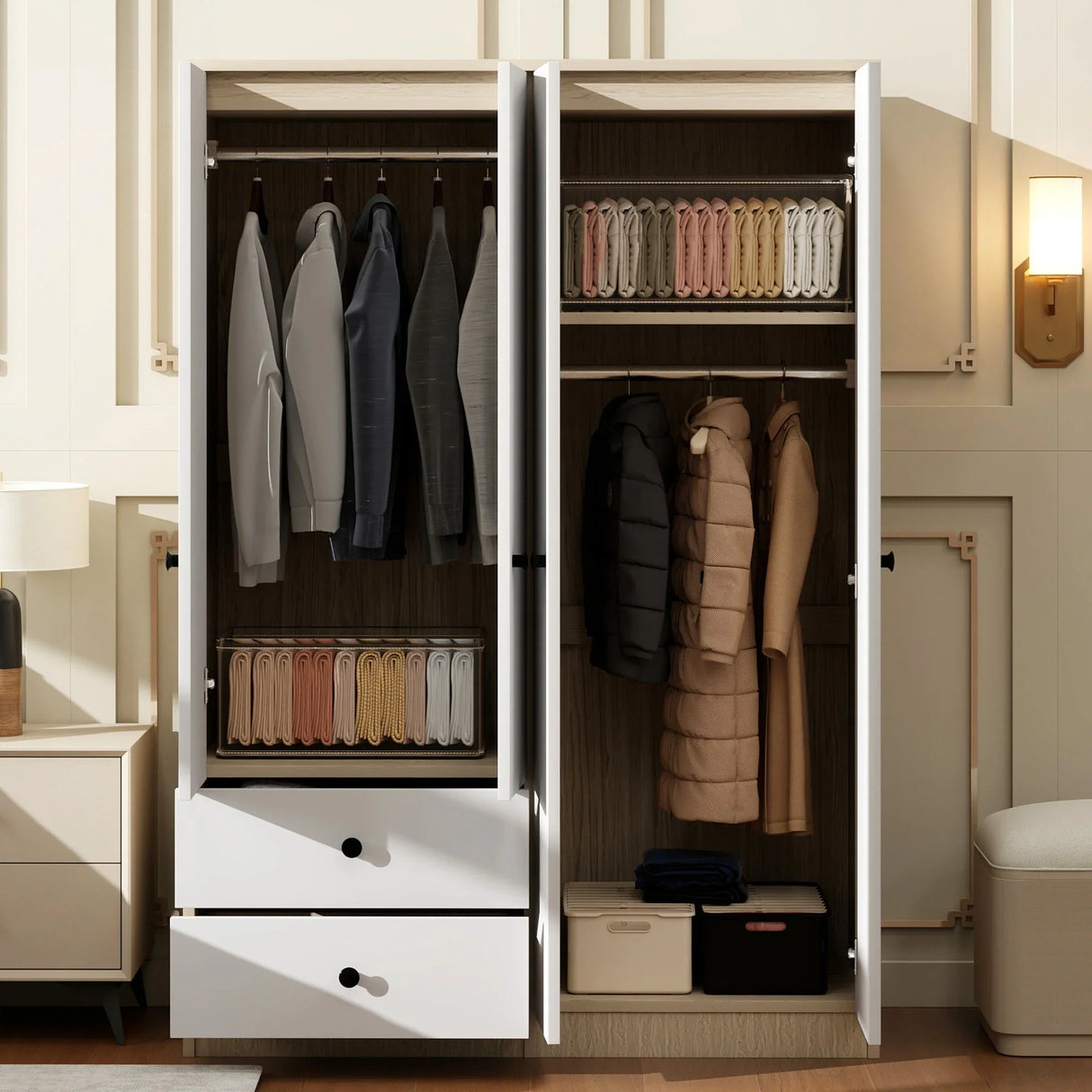 Wardrobe With Drawers And Hanging Rod Solid Wood White - Furniture Home Direct