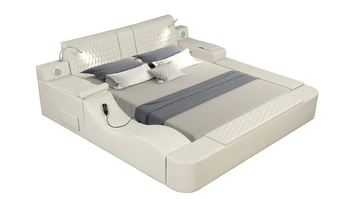 Queen Bed Upholstered Platform with Built in Lighting Beige - Furniture Home Direct