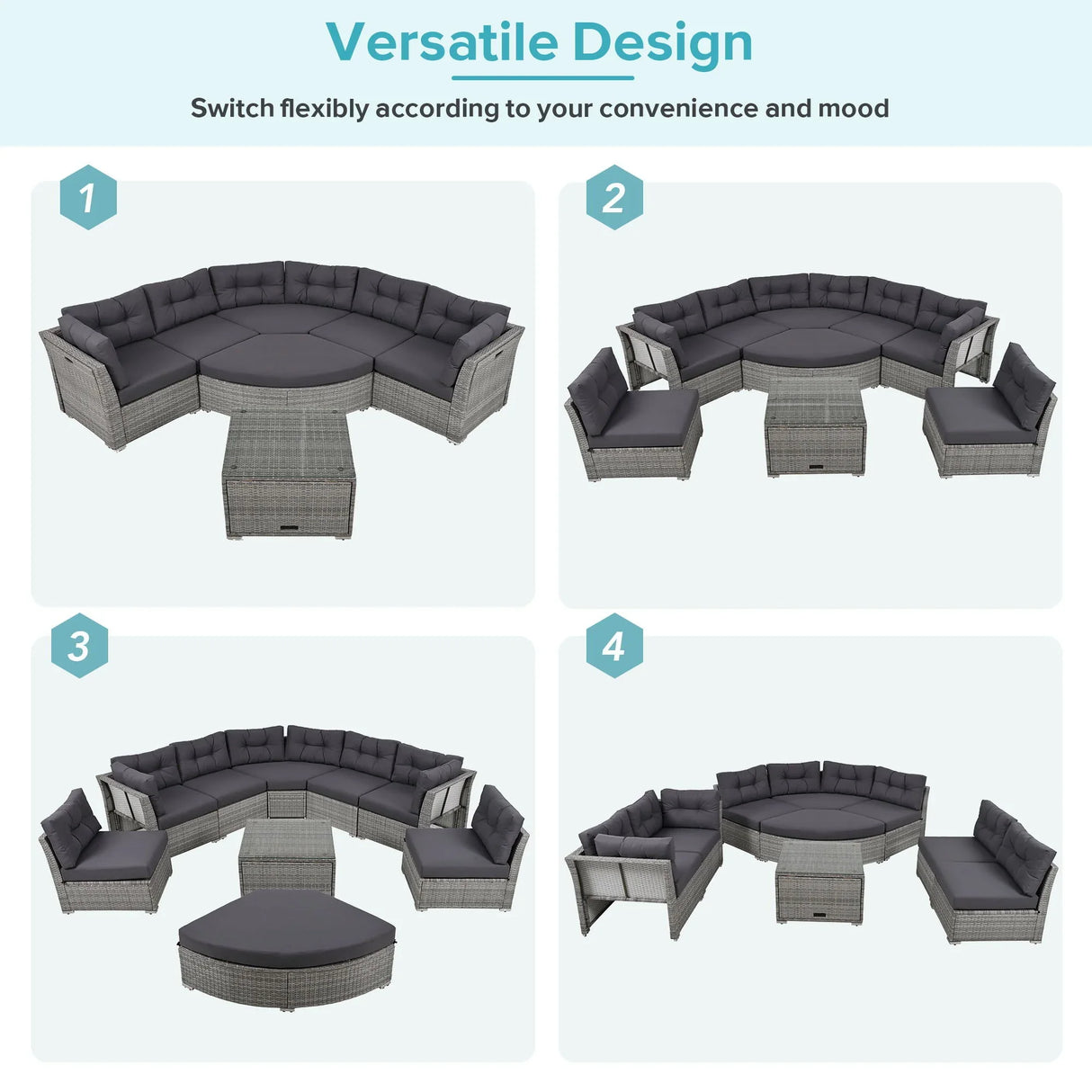 Elegant Patio Furniture Set Outdoor Daybed Rattan Sectional With Cushions And Center Table - Gray - Furniture Home Direct
