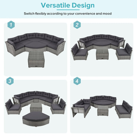 Elegant Patio Furniture Set Outdoor Daybed Rattan Sectional With Cushions And Center Table - Gray - Furniture Home Direct