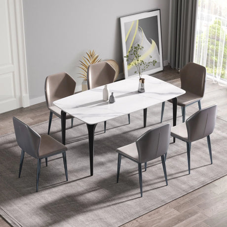 63" Modern Artificial Stone White Curved Black Metal Leg Dining Table, 6 People - White - Furniture Home Direct