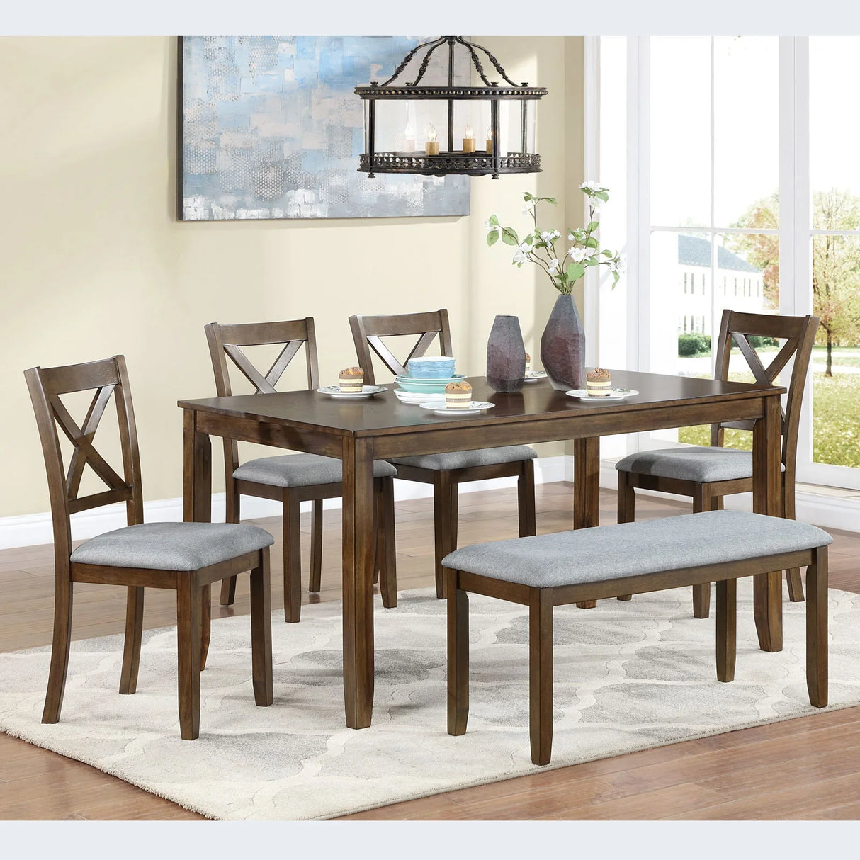 6 Pieces Kitchen Dining Set, Rectangular Wooden Dining Table With 4 Chairs And A Bench - Furniture Home Direct
