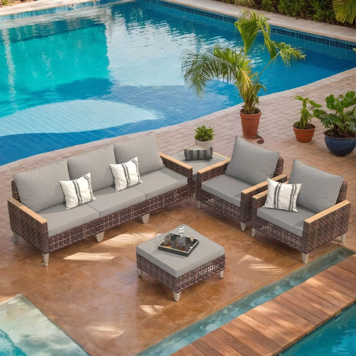 5 Piece Rattan Terrace Furniture Set, 7 Seats Cushions, High Footed Design - Furniture Home Direct