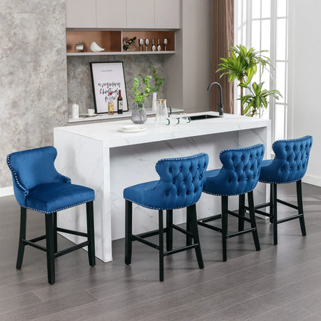 Contemporary Velvet Upholstered Wing-Back Barstools With Button Tufted Decoration And Wooden Legs, And Chrome Nailhead Trim, Leisure Style Bar Chairs, Bar Stools (Set of 4) - Furniture Home Direct